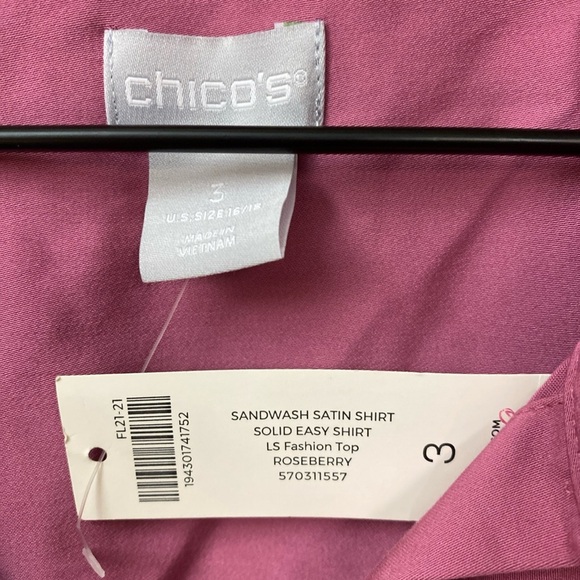 New! CHICO'S Womens Sandwashed Satin Pink Long Sleeve Easy Button Front Shirt - Picture 5 of 6